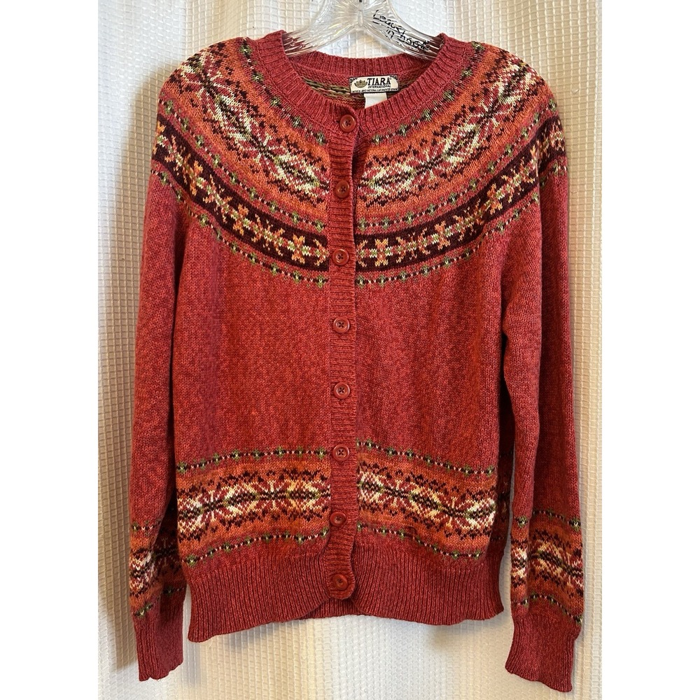 Tiara Cardigan Sweater Ramie Cotton Woman Size Large Fair isle Red VTG Y2K